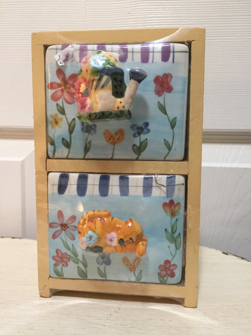 Decorative Drawer Unit 7" Wooden Box w/Ceramic Drawers Cat Flower Pot Pulls NWT